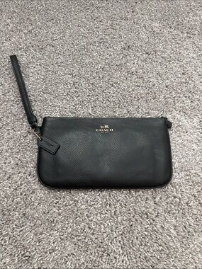 Coach Black Pebbled Leather Clutch Wristlet with Gold Logo